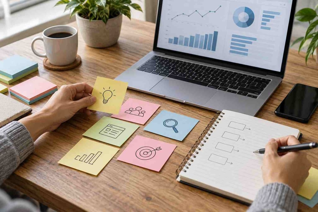  Keyword and topic planning beside a laptop