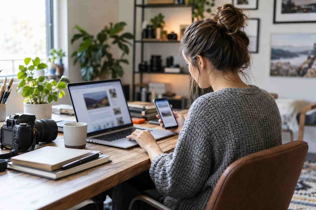 Reviewing a website on a laptop and phone